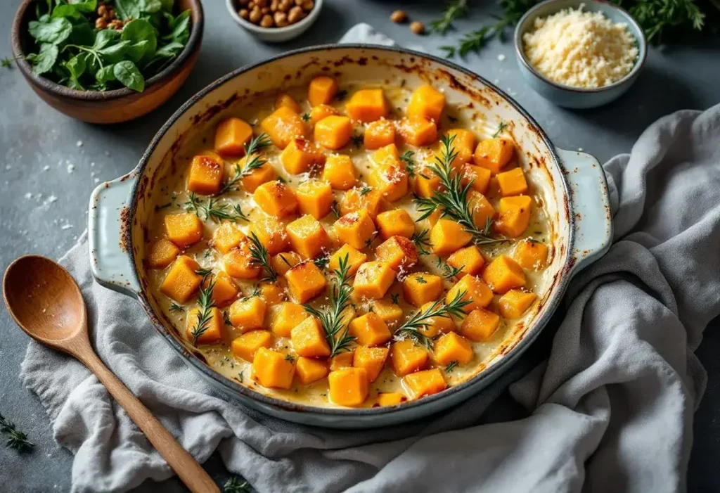 Gratin butternut au fromage frais au four : douceur fondante, herbes fraîches et crème pour réchauffer les soirs d’hiver