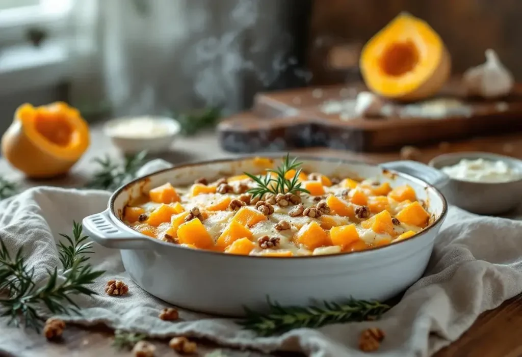Gratin butternut-fromage frais au four : douceur fondante, herbes fraîches et crème pour réchauffer les soirs d’hiver
